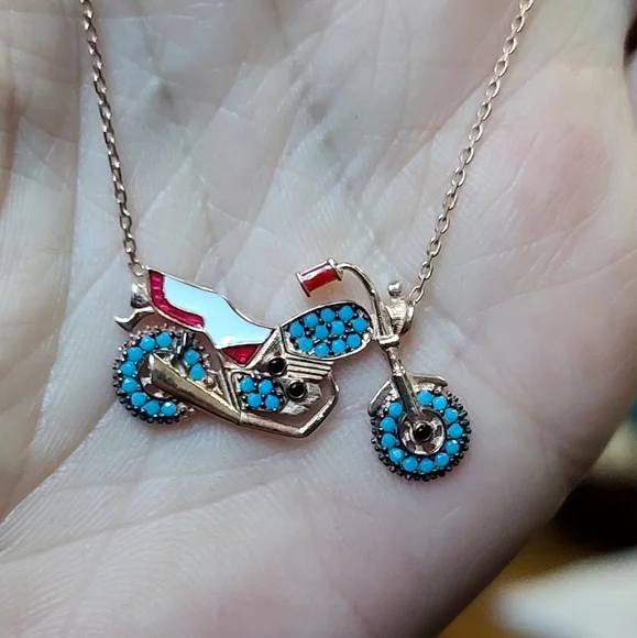 COPY - Turquoise & Onyx enamel sterling & rose gold Motorcycle necklace 18" - Picture 4 of 9
